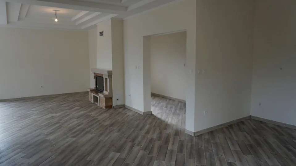 Empty room with laminate flooring, decorative fireplace, and multi-level ceiling with lighting.