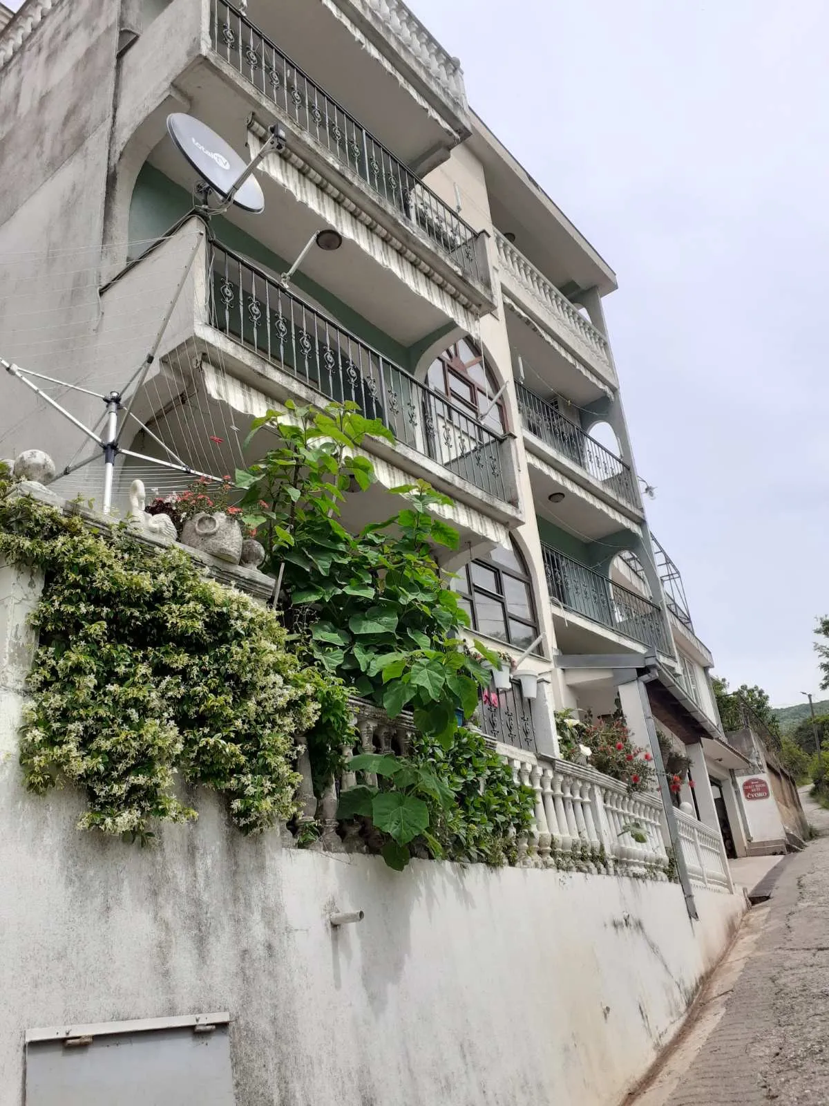 Exterior view of a multi-story building with balconies, a satellite dish, and dense vegetation on the wall.