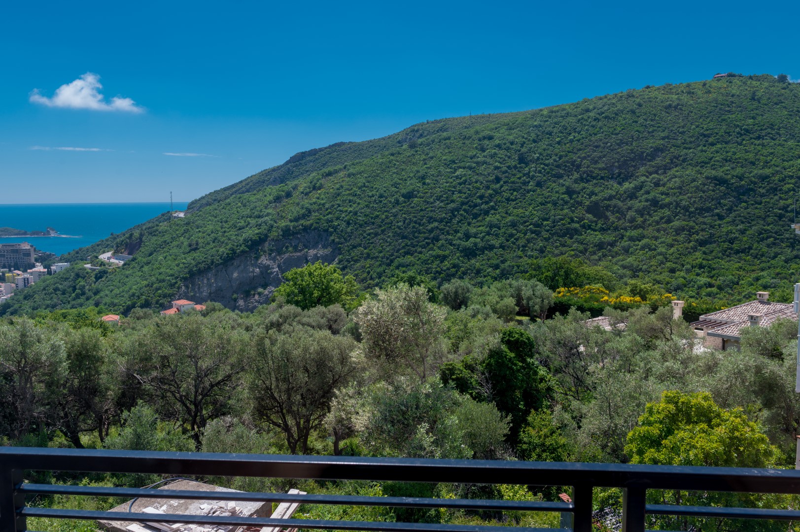 View from the villa balcony in Bečići, Montenegro: a panorama of green mountains, olive trees, and the Adriatic Sea.