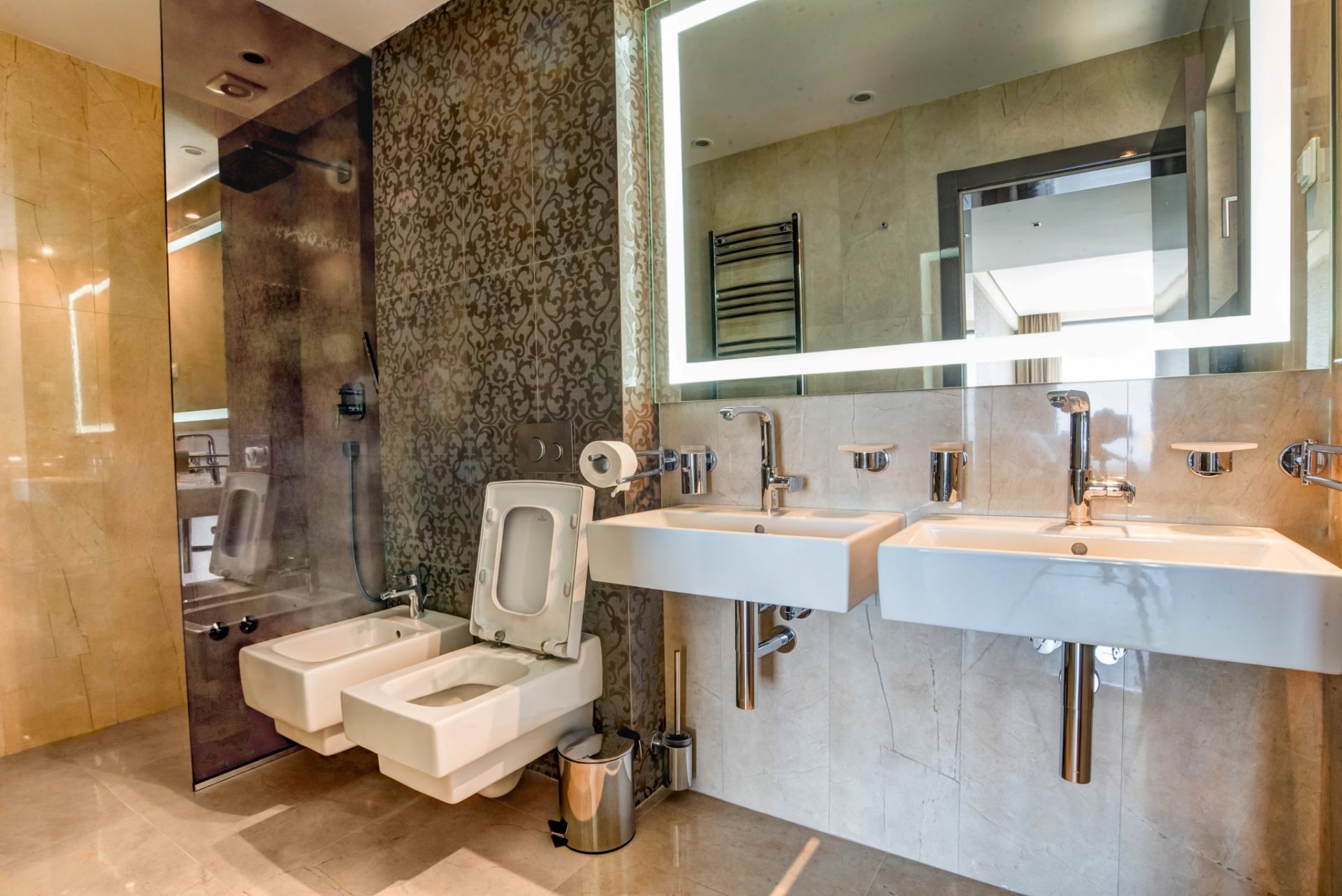 Modern bathroom with two sinks and a shower in a luxury villa, Budva, Montenegro.