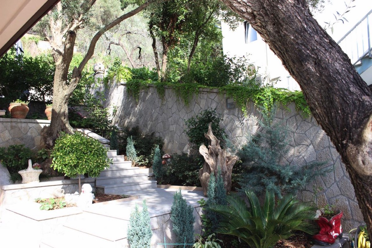 Cozy landscaped garden with a stone staircase and ornamental plants on the grounds of a villa in Budva, Montenegro.