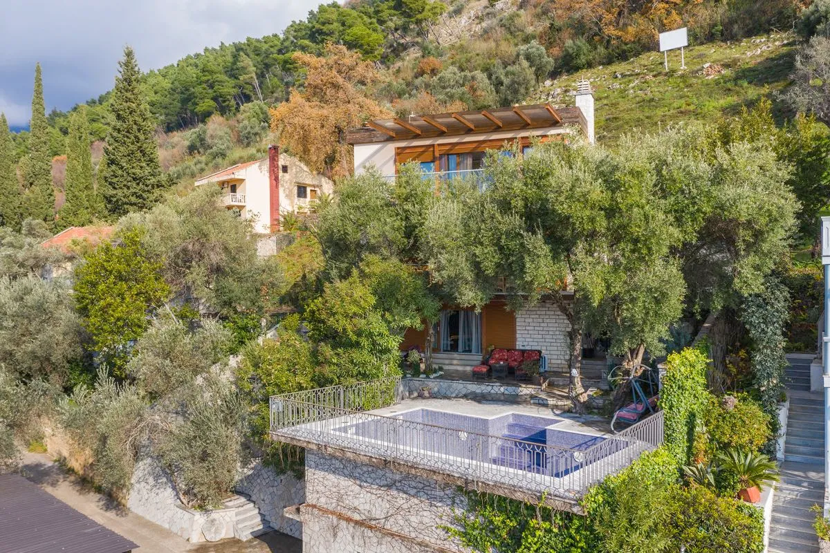 House with a blue tiled pool on a terrace surrounded by dense greenery and trees on a hillside.