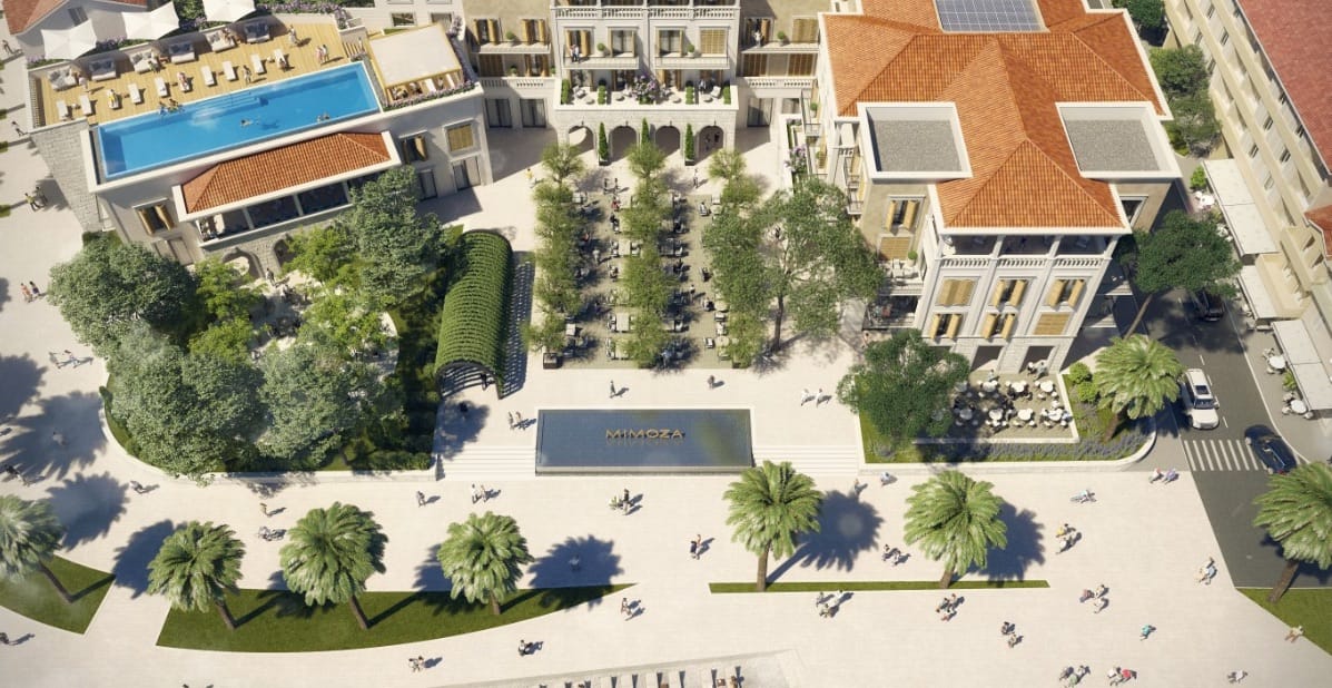 Top view of the Mimoza hotel in Tivat, Montenegro: rooftop pool, landscaped park, terraces, and Mediterranean style.