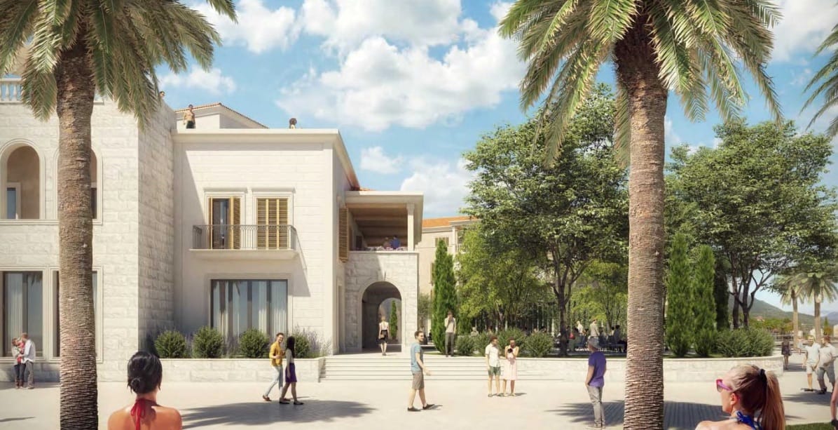 Facade of a luxury hotel in Tivat, Montenegro: stone cladding, arched terraces, palm trees, and landscaped grounds.