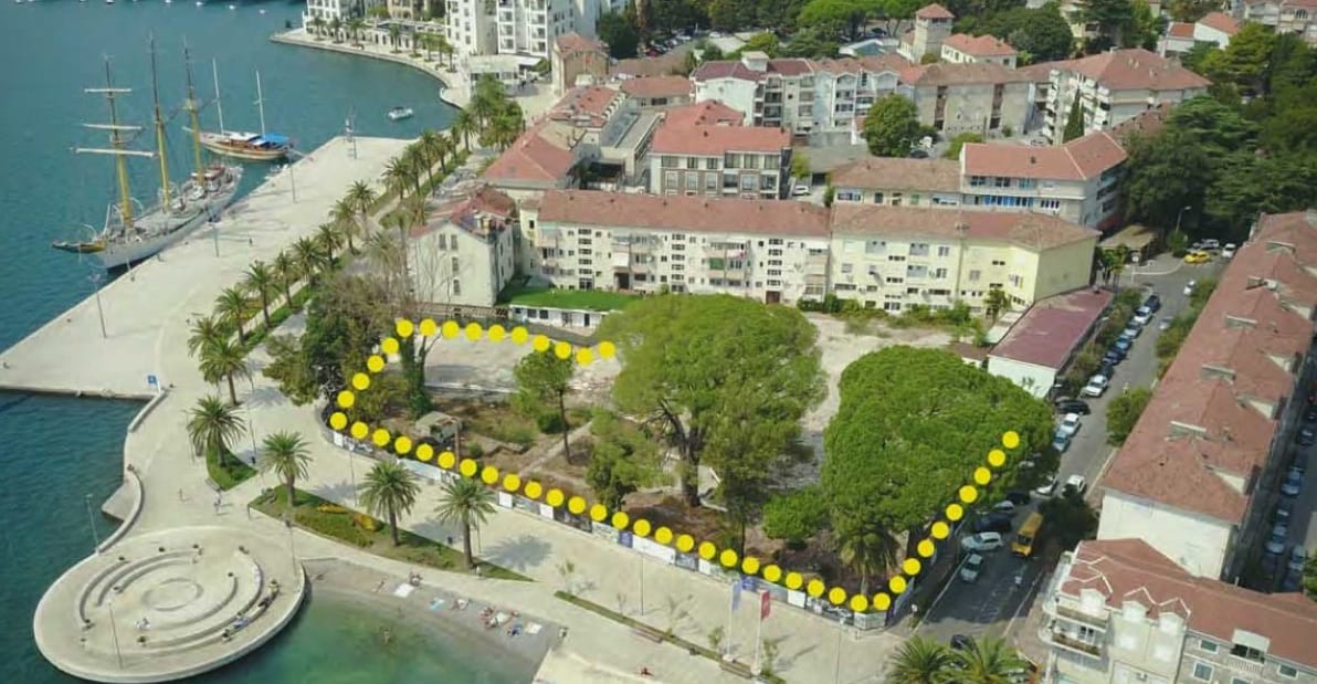 Land plot for hotel construction in the center of Tivat, Montenegro, with views of the waterfront and yacht marina.