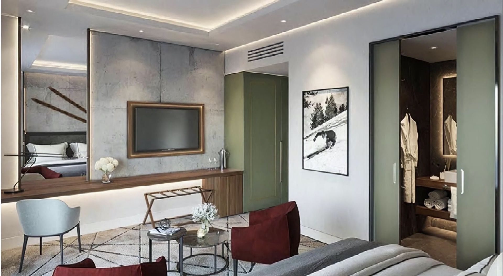 Modern hotel room in Kolašin, Montenegro: a stylish bedroom with concrete walls, furniture, and a bathroom.