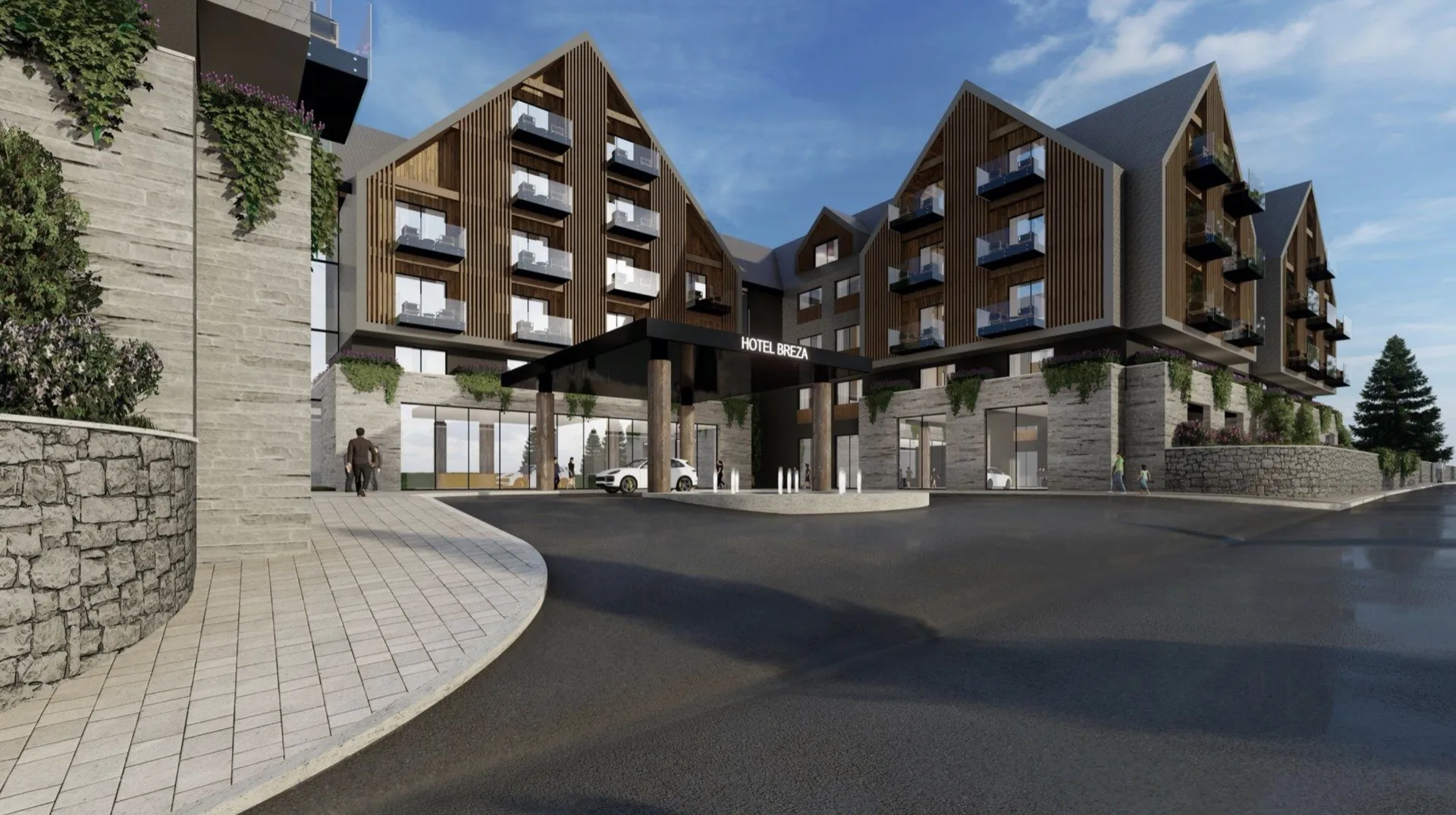 Exterior view of Hotel Breza featuring wood facade, balconies, and a covered vehicle entrance area.