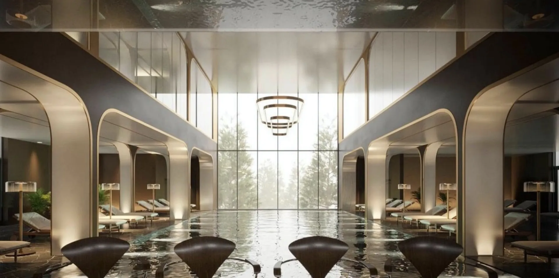 Modern indoor pool with arched openings, lounge chairs, and a large window overlooking trees.