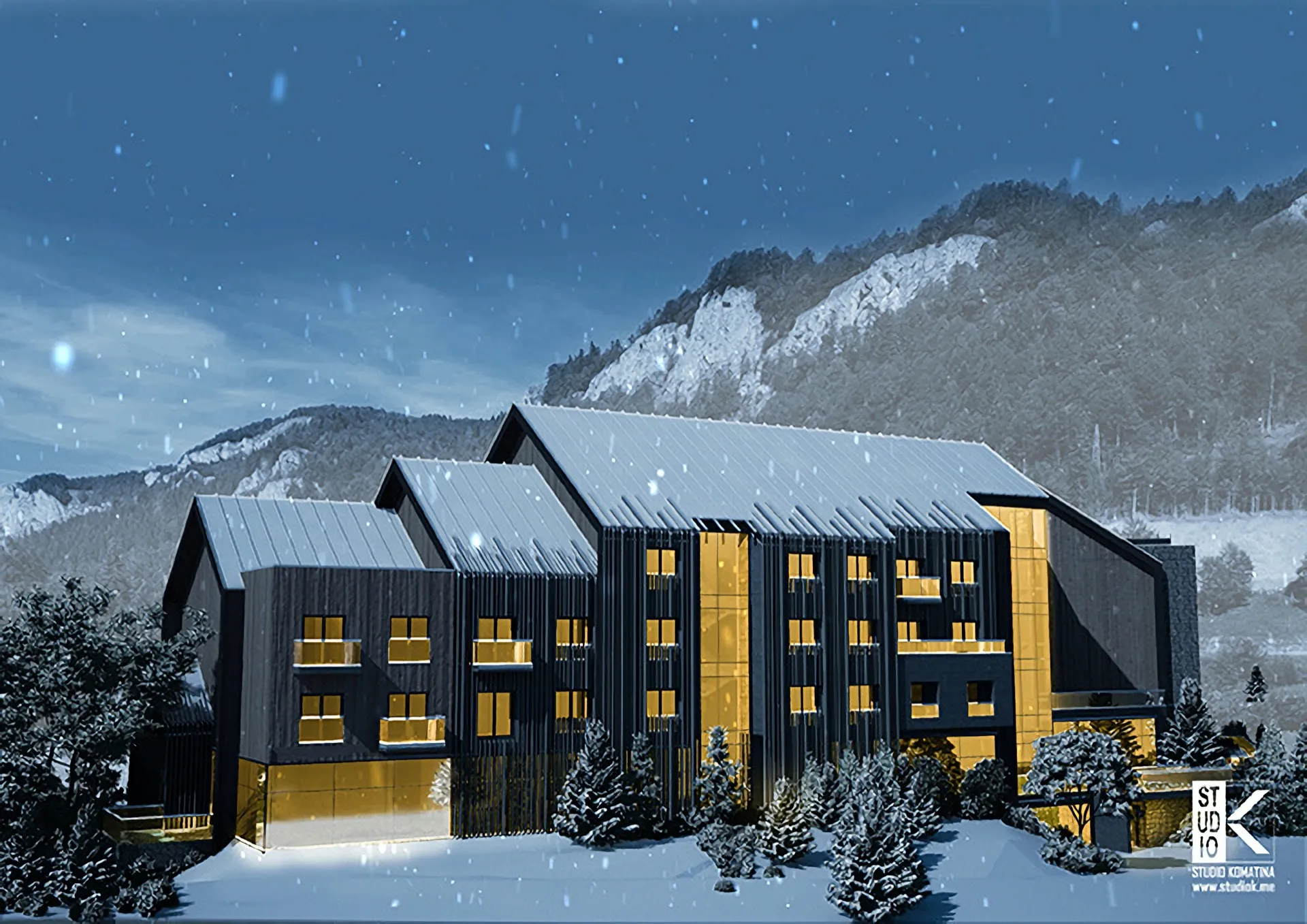 Современный отель The Westin в Колашине, Черногория: вид на заснеженное здание с панорамными окнами и горы зимой.