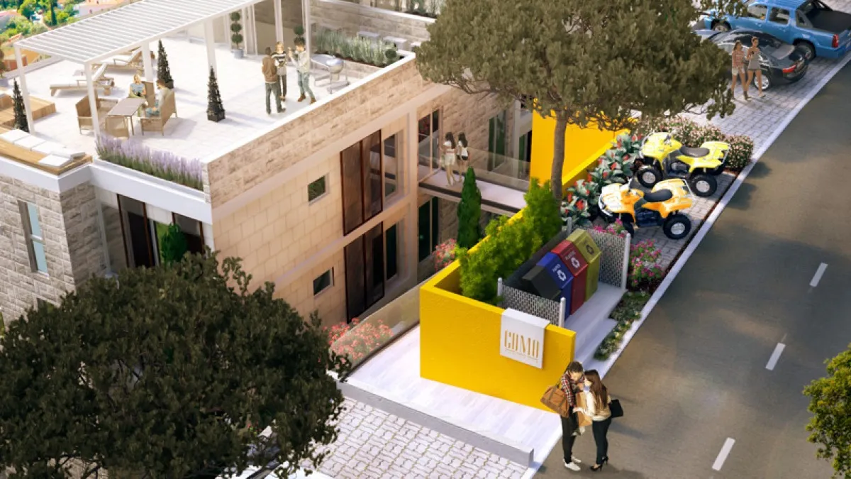 Architectural render of a two-story house with a rooftop terrace, yellow wall, ATVs, and people outside.