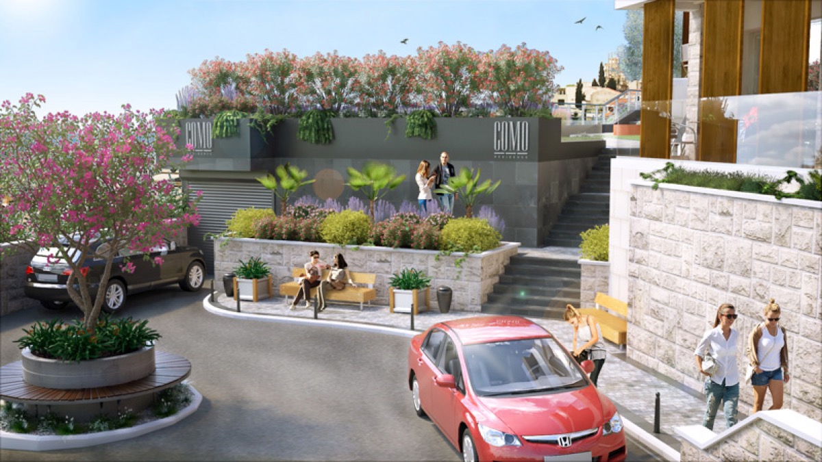 Landscaped grounds of the Como Residence residential complex in Budva, Montenegro: landscape design, parking, and stairs.