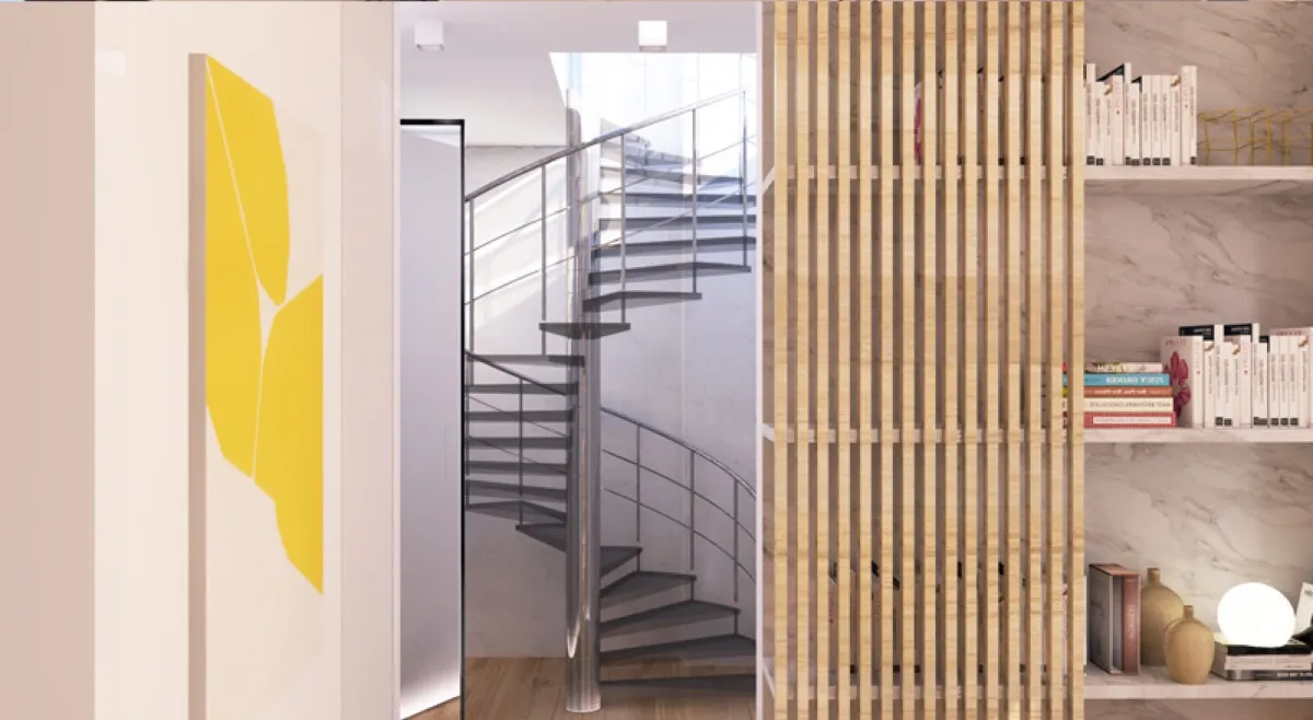 Modern spiral staircase with a central metal pole, wooden slat partition, and built-in bookshelf against marble wall.