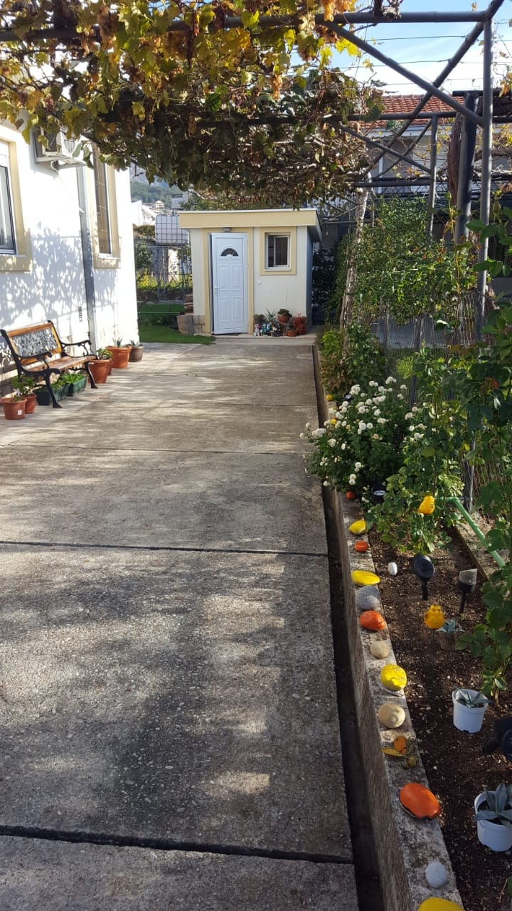 Cozy house courtyard in Shushan, Montenegro: paved path, bench, blooming garden, and a grapevine canopy over the plot.