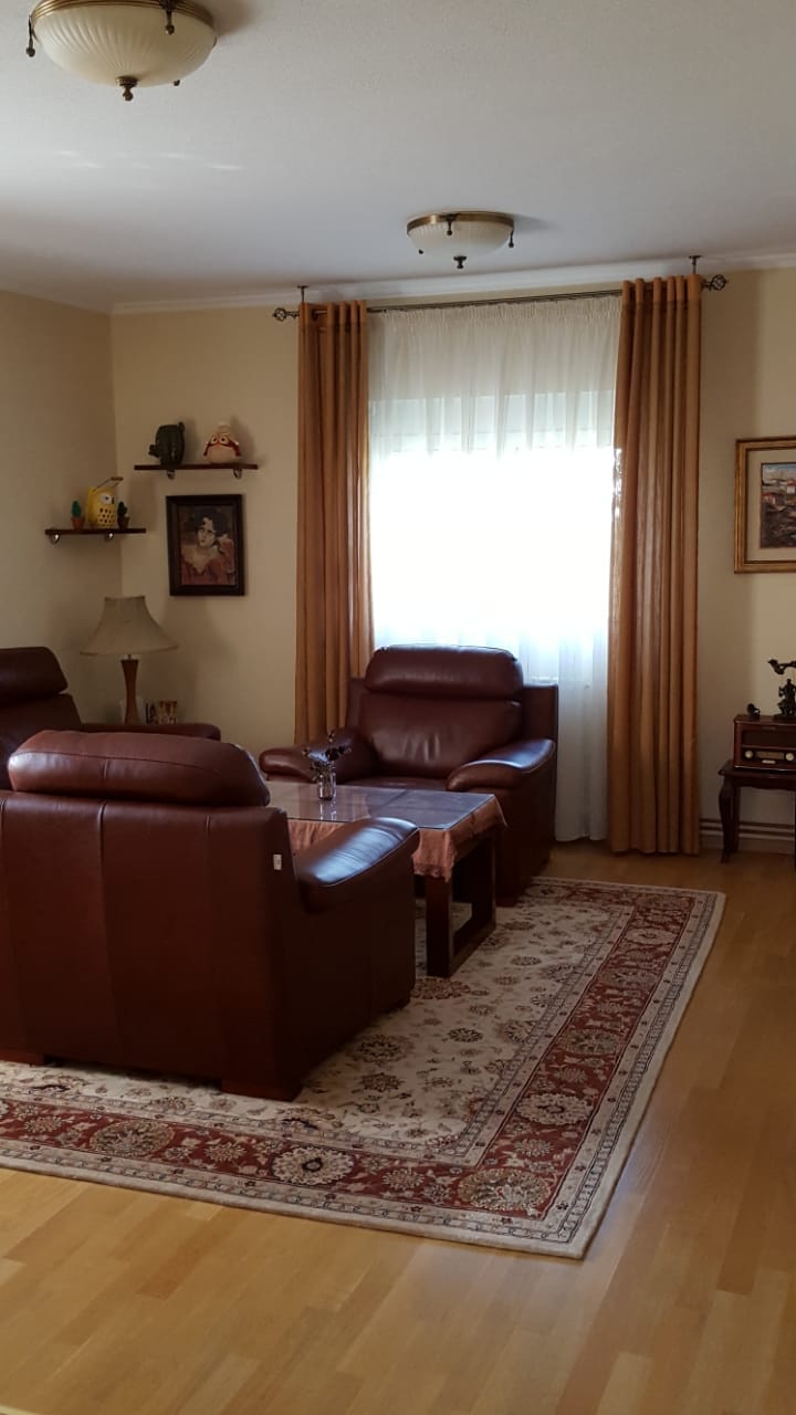Cozy living room in a house in Shushan, Montenegro: leather armchairs, a rug, parquet flooring, and a classic interior.