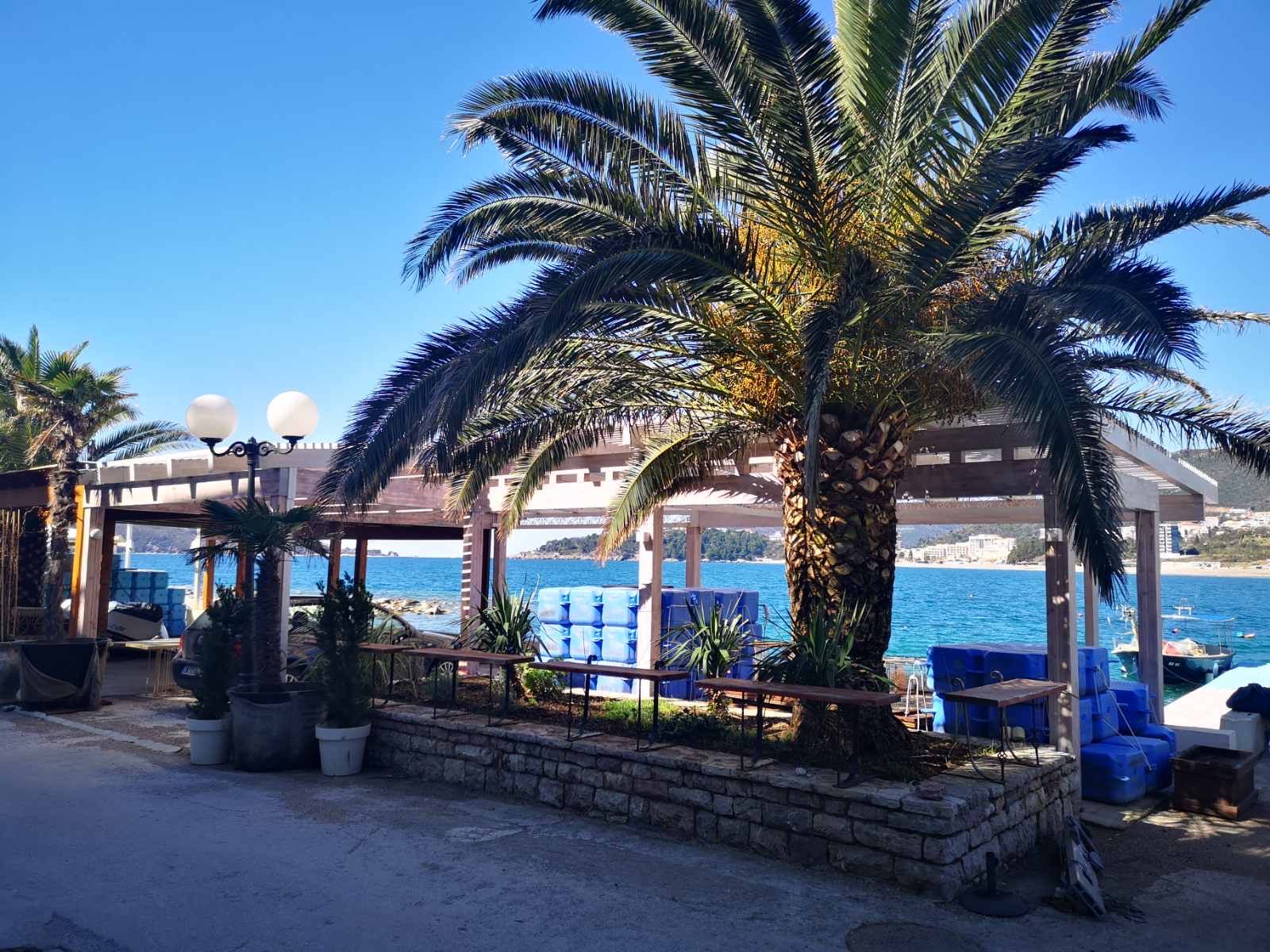 Commercial premises on the seafront in Rafailovići, Montenegro: terrace with palm trees and a view of the beach.