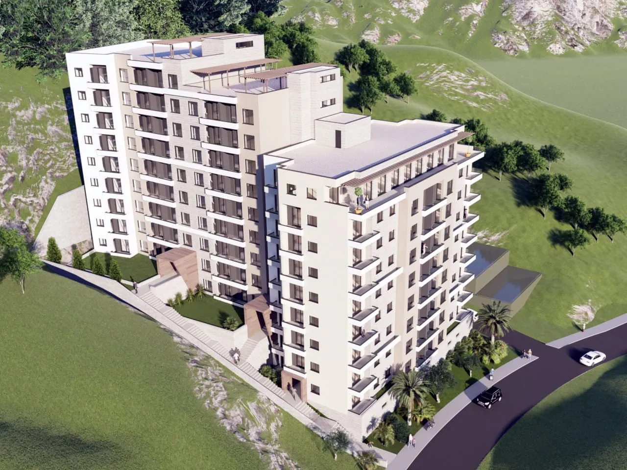 Architectural rendering of a multi-story residential complex on a hill with balconies and paths.