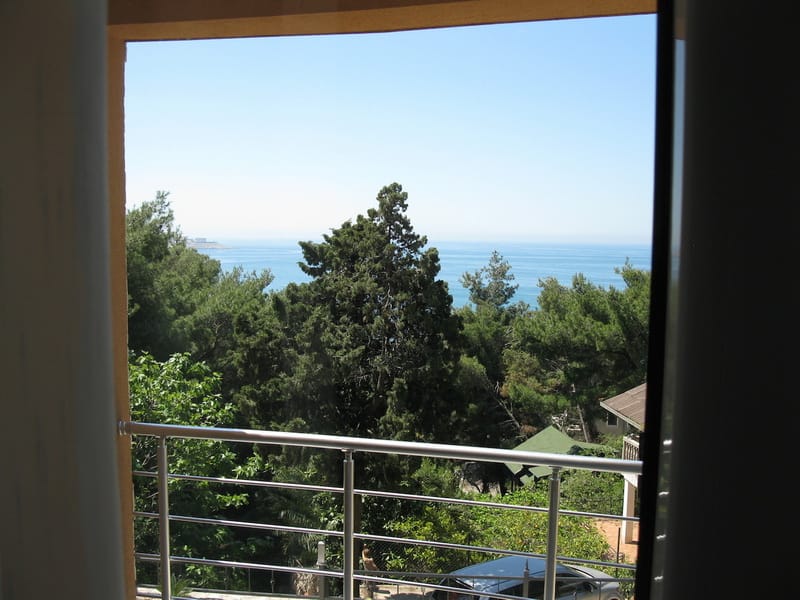 View from the villa balcony in Shushan, Montenegro: a panorama of the sea, pine forest, and a green garden with a modern fence.
