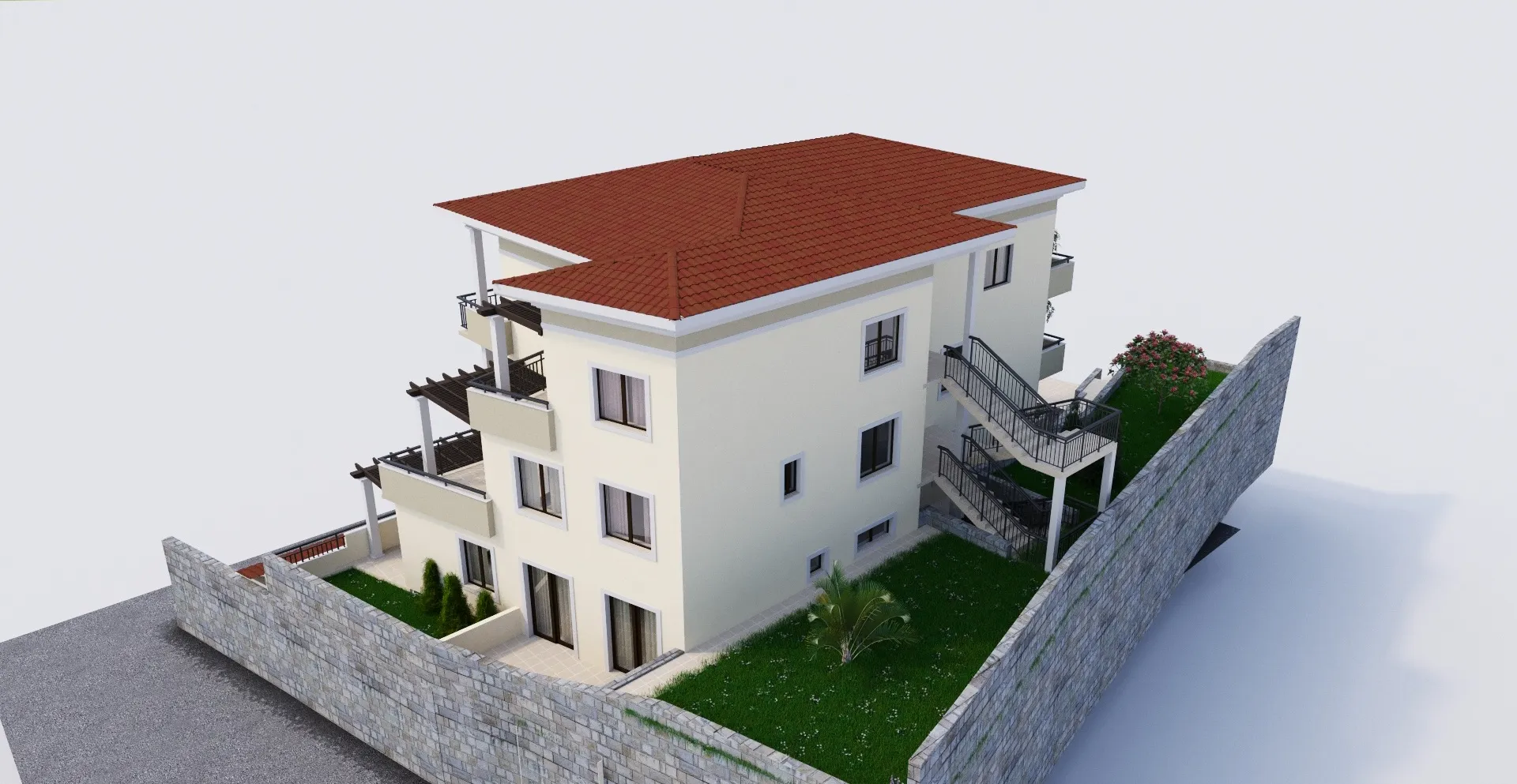 3D render of a two-story house with a red tiled roof, stone wall, and balconies on a white background.