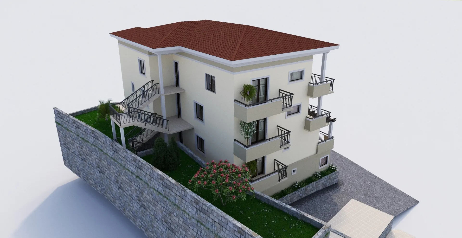 3D render of a two-story house with a red roof, balconies, stone wall, and green garden yard.