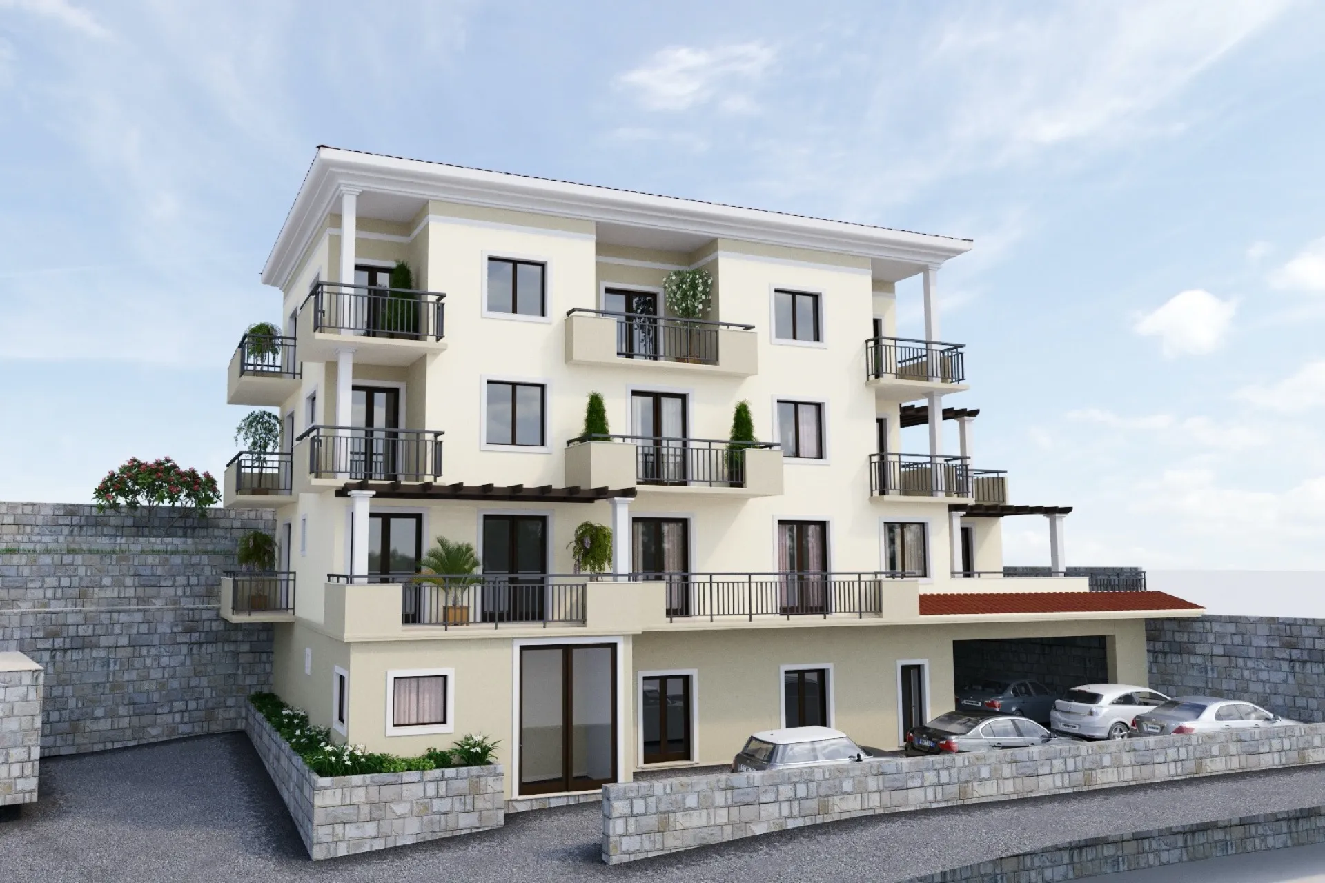 3D render of a multi-story residential building featuring balconies, windows, and parked cars in front.