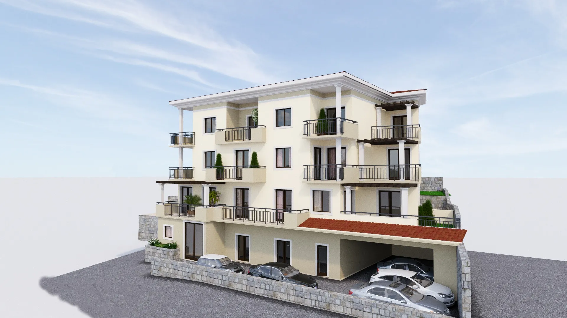 3D rendering of a multi-story residential building exterior featuring balconies, terraces, and parked cars in front.
