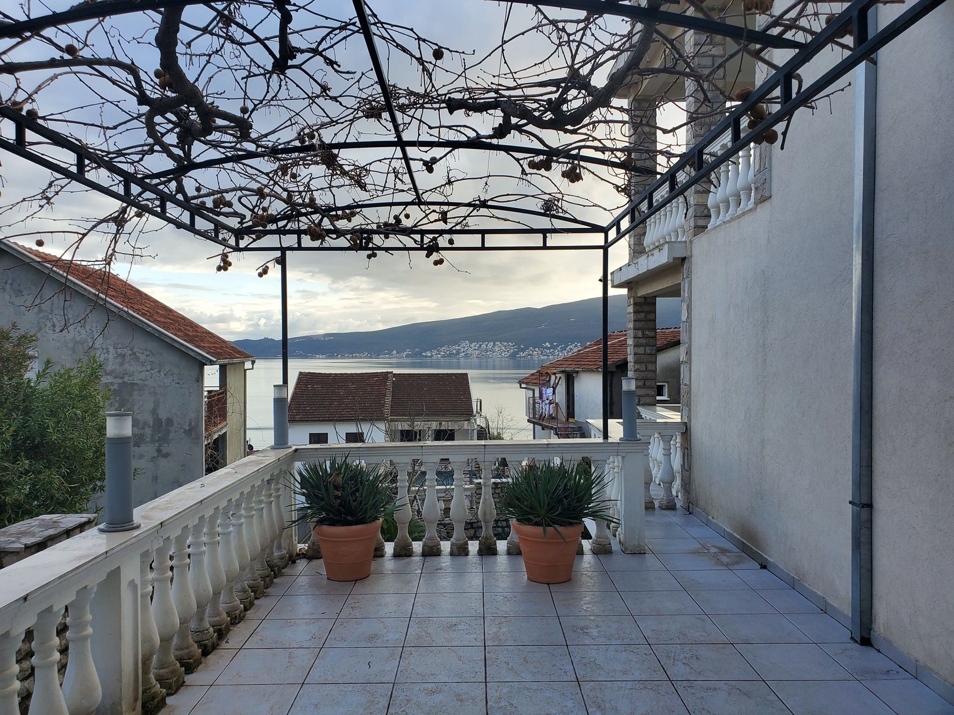 Hotel terrace in Bijela, Montenegro: balcony with balustrade, grapevine canopy, and view of the Bay of Kotor.