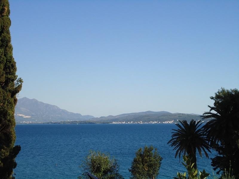 Panoramic view of the sea and mountains from a plot of land in Bijela, Montenegro, surrounded by cypress trees and palm trees.