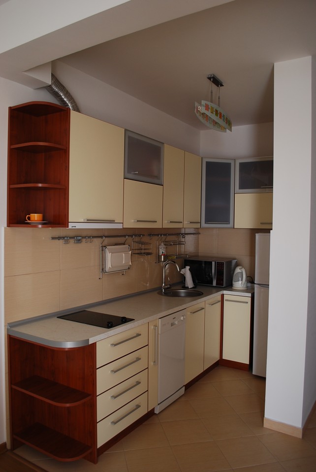 Modern kitchen in an apartment in Budva, Montenegro: light-colored cabinetry, built-in appliances, sink, and stove.