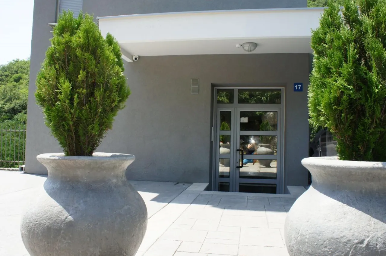 Building entrance with a gray wall, glass door, and two large stone planters containing green shrubs on either side of the walkway.