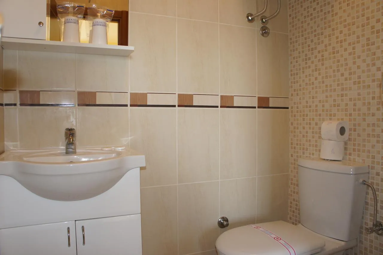 Bathroom with white sink, toilet, tiled walls, and toilet paper rolls on the tank.