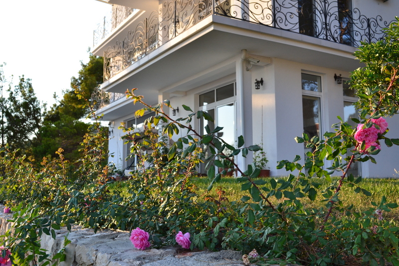 White villa with a wrought-iron balcony and a blooming garden in Shushan, Montenegro: view of the house facade and landscaped grounds.