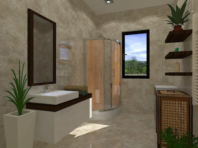 Modern bathroom with a shower cabin in a house in Sutomore, Bar Riviera, Montenegro: stone-look tile finish.