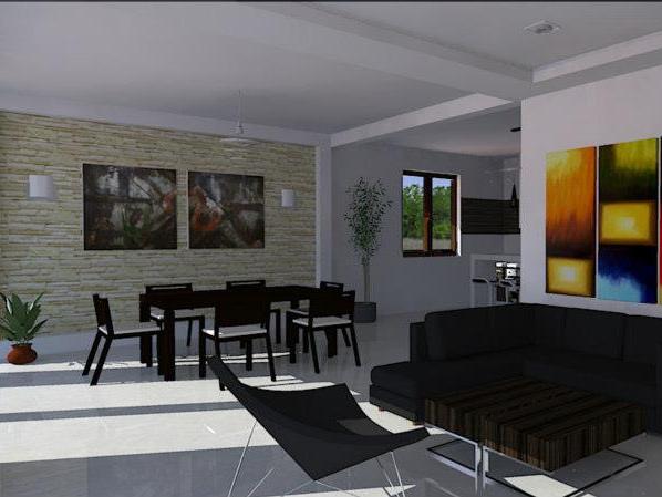 Modern living room in a house, Sutomore, Bar Riviera, Montenegro: dining area, stone wall, and dark furniture.