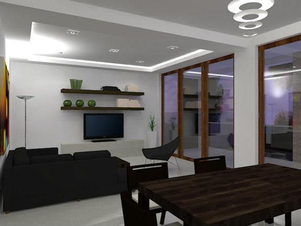 Modern living room in a house in Sutomore, Montenegro: black sofa, dining table, panoramic windows, and a stylish ceiling.
