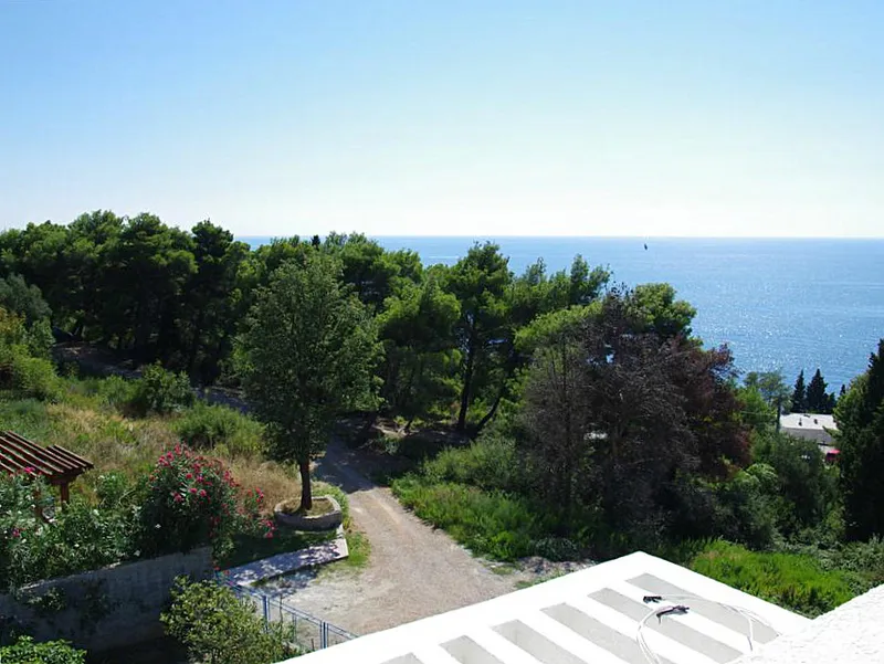 Panoramic view of the sea and green trees from a terrace. A dirt path, garden plants, and part of a white roof are visible.