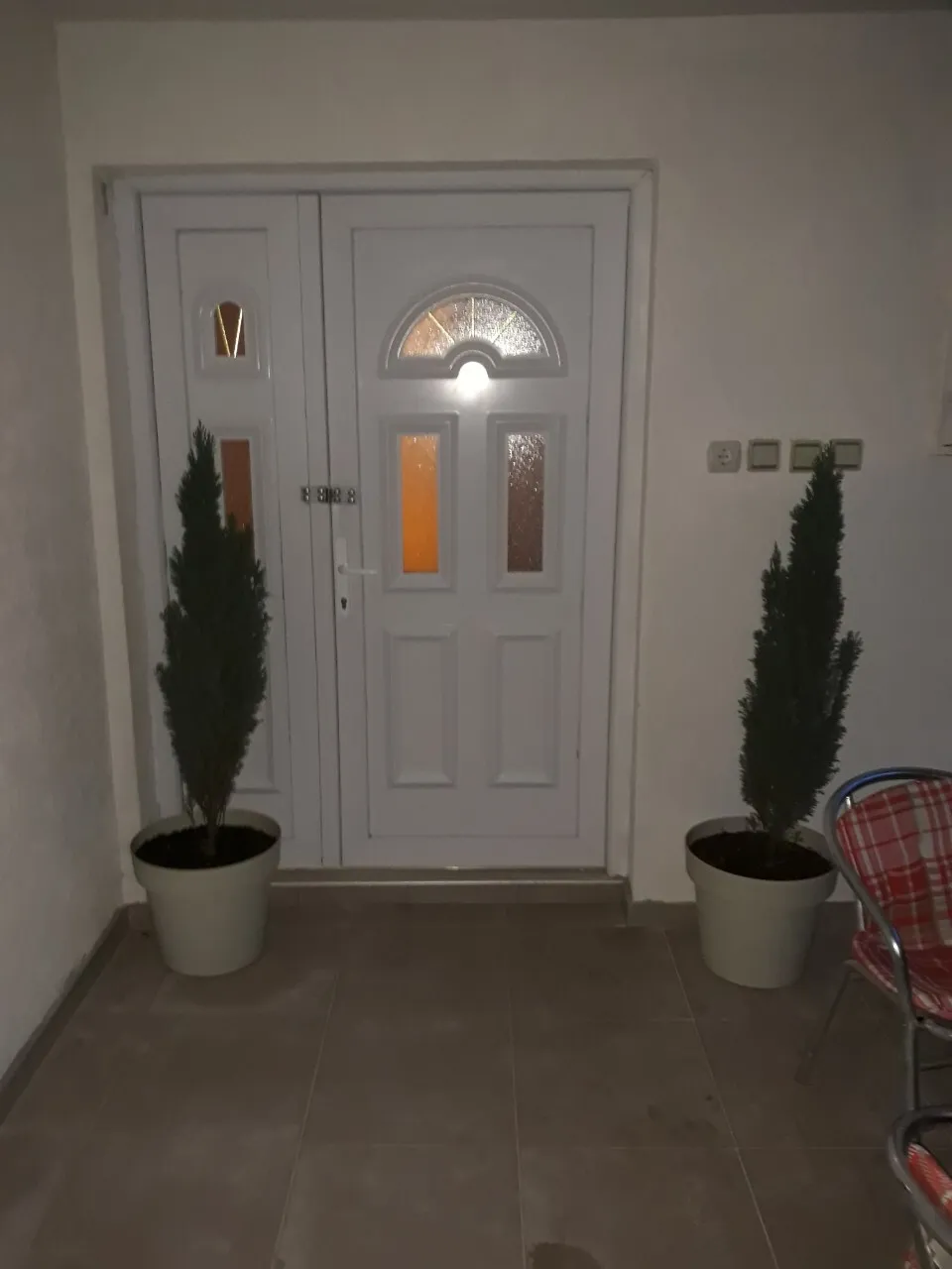 White entrance door with decorative glass panels, flanked by two tall potted plants in grey pots and a partial view of a chair.