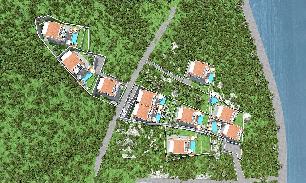 Aerial view or 3D plan of a residential complex with houses, pools, and greenery near water.