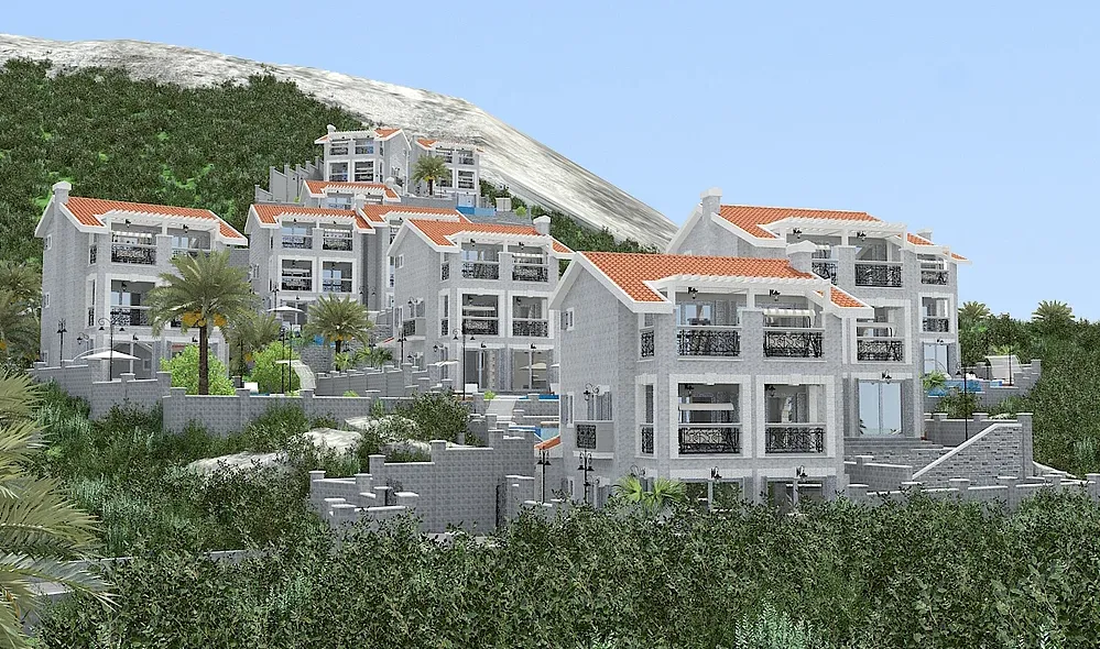 Architectural rendering of multi-story residential buildings with orange roofs on a hillside with palm trees.
