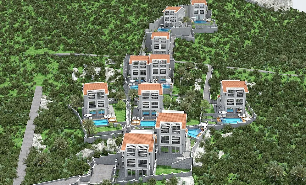 Aerial view of a residential complex with houses, pools, and greenery on a hillside.