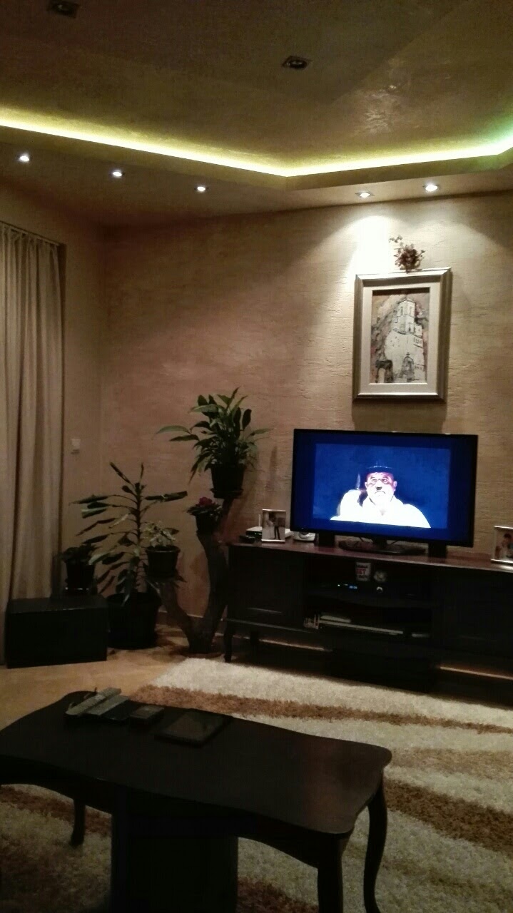 Cozy living room in an apartment in Kotor, Montenegro: dark furniture, decorative lighting, and houseplants.