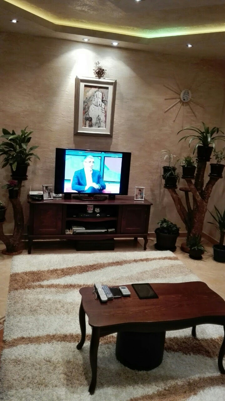 Cozy living room with wooden furniture and houseplants in an apartment in Kotor, Montenegro.