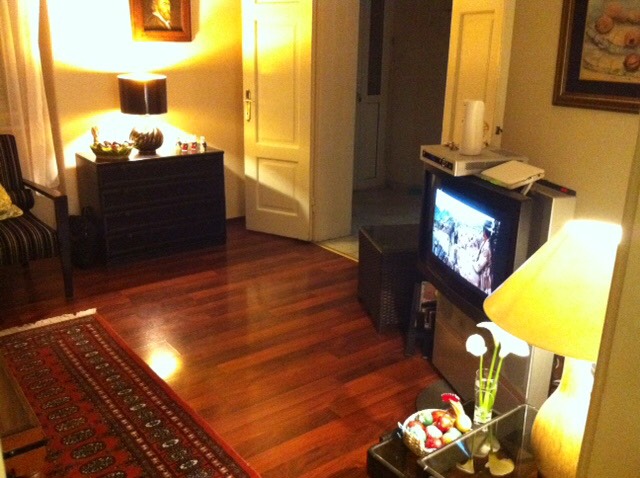 Cozy living room with parquet flooring and a rug in a house in Herceg Novi, Montenegro: furniture, TV, and table lamps.