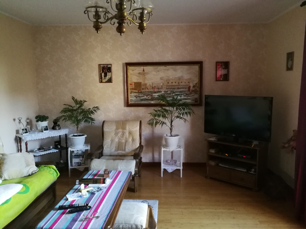 Cozy living room in a house in Tivat, Montenegro: classic furniture, houseplants, and a TV area with parquet flooring.