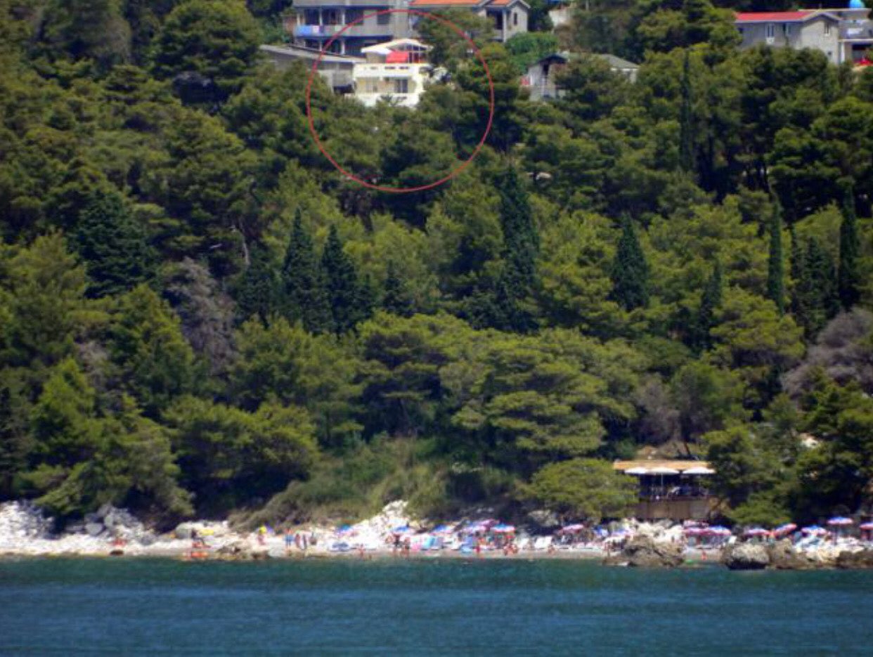 Private house surrounded by a pine forest near the sea in Bar, Montenegro, aerial view of the coastline and beach.