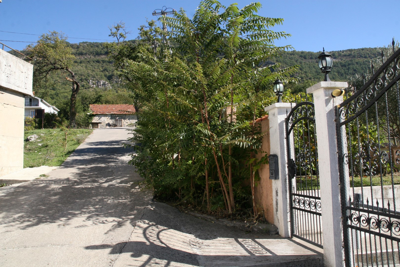 Entrance to the villa grounds in Kavac, Bay of Kotor, Montenegro: wrought-iron gates, driveway, and mountains.