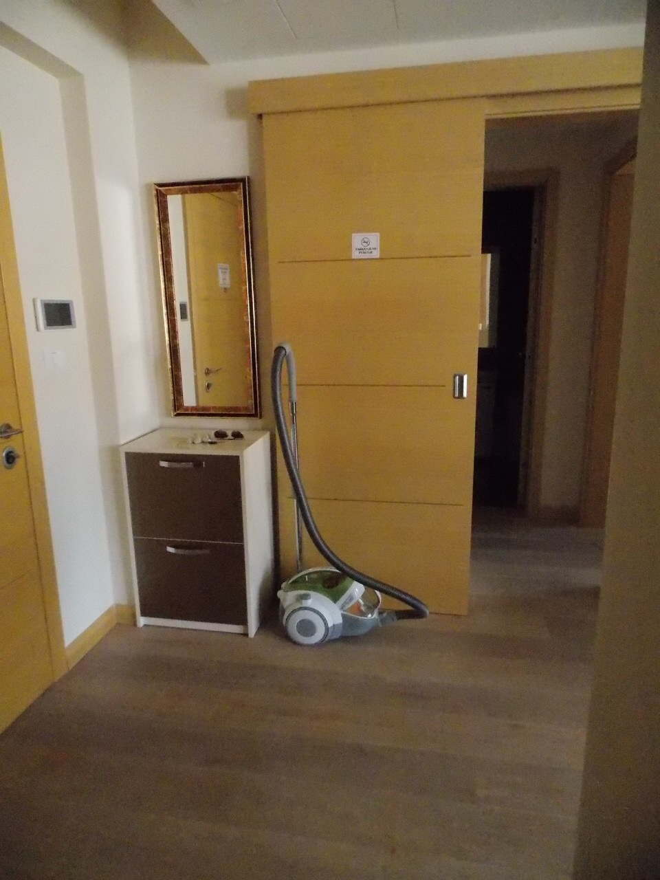 Hallway in an apartment in Budva, Montenegro: a sliding interior door, mirror, and shoe cabinet in the interior.