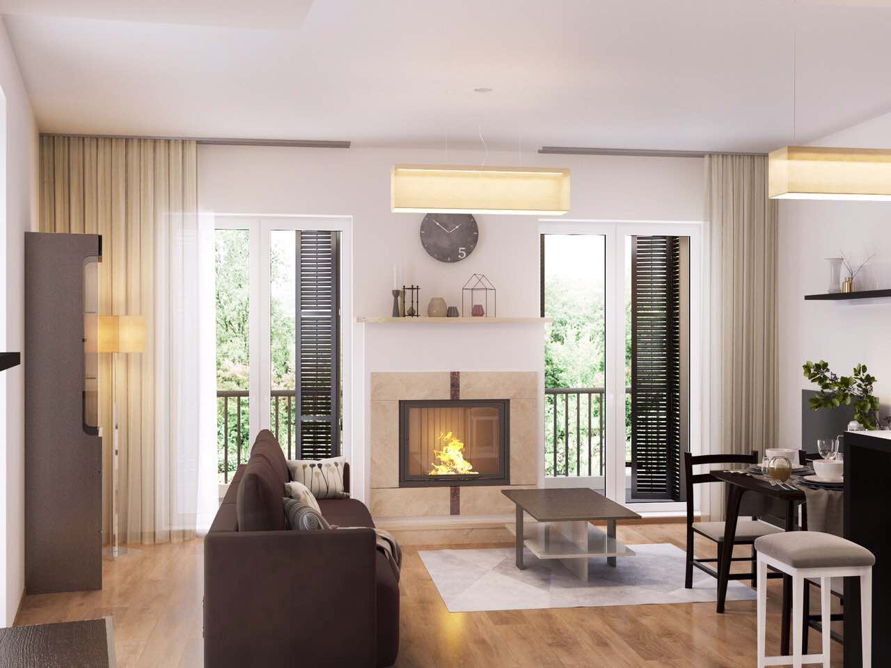 Modern living room with a fireplace in an apartment in Tivat, Montenegro: bright interior, soft furniture, and panoramic windows.