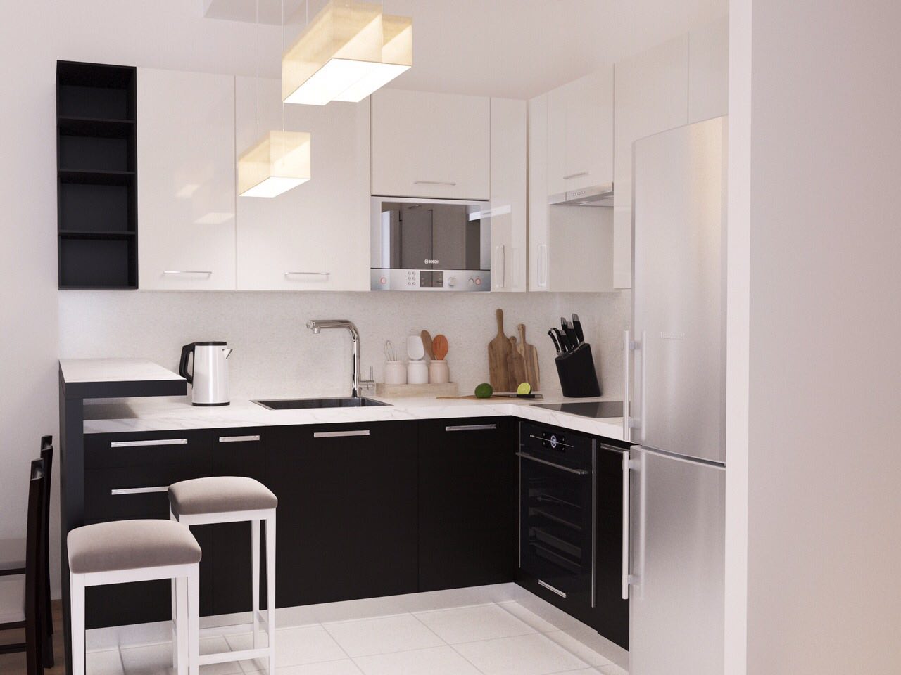 Modern black-and-white kitchen with a breakfast bar in an apartment in Tivat, Montenegro. Built-in Bosch appliances.