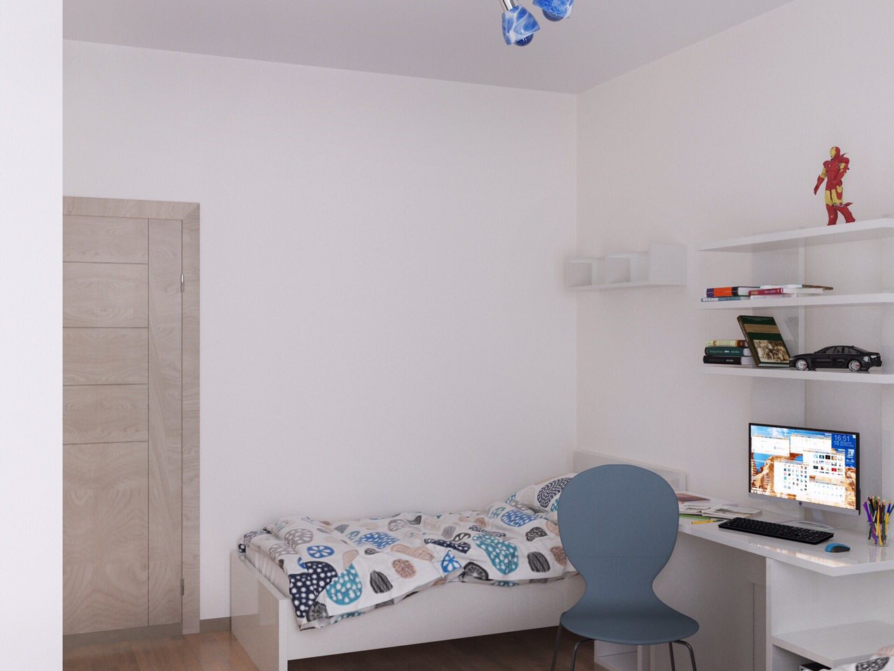 Bright children's bedroom with a bed and desk in an apartment in Tivat, Montenegro. Modern interior.