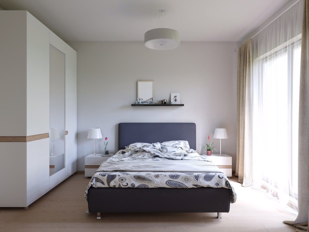 Modern bedroom with a double bed, wardrobe, and panoramic window in an apartment in Tivat, Montenegro.